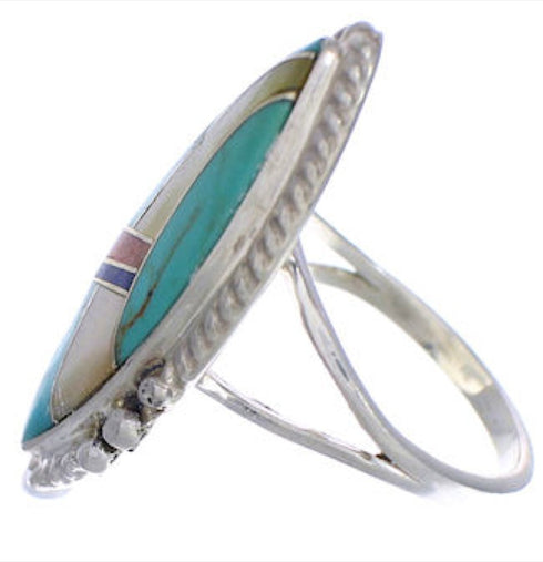 Genuine Sterling Silver Multicolor Inlay Ring Size 8-1/4 UX33777